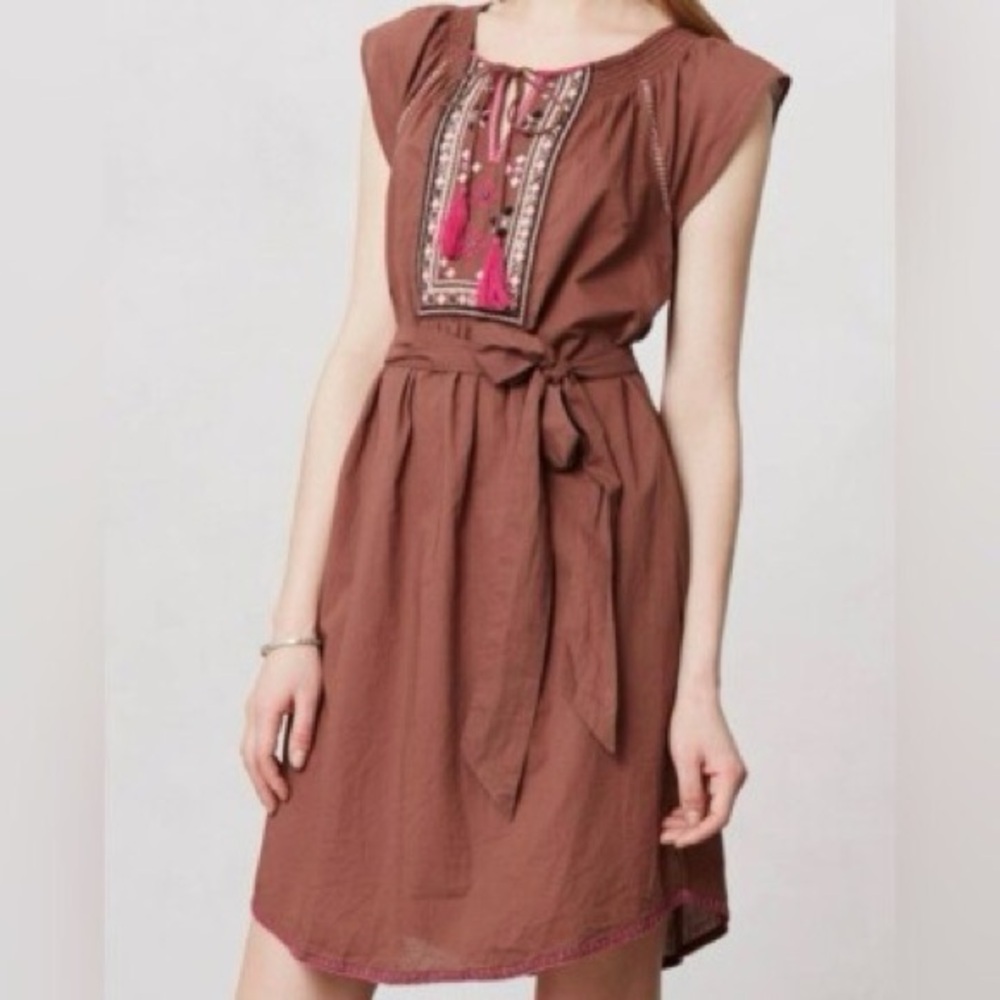 Maeve Brown Mini Dress with Pink Embroidery